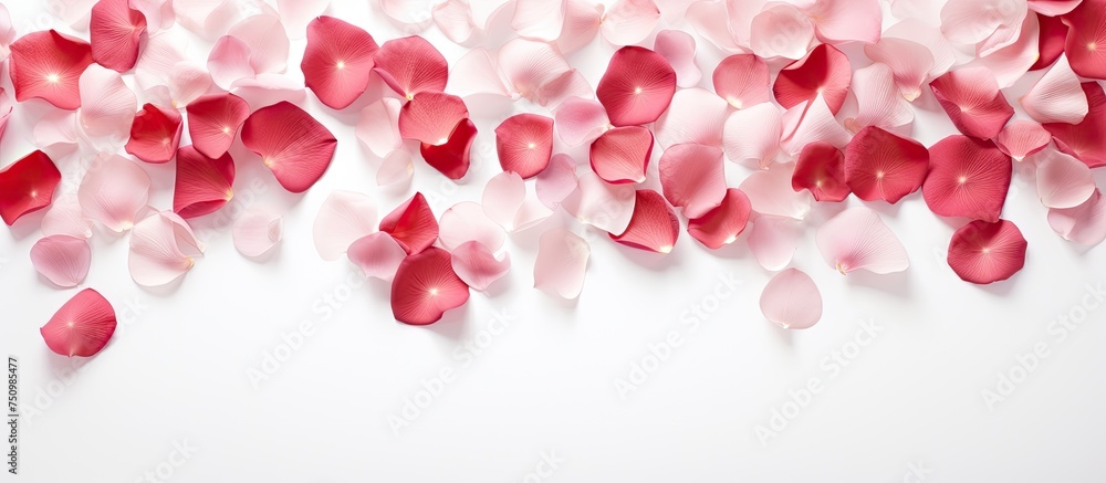 This image showcases delicate red and pink rose petals arranged beautifully on a clean white backdrop. The petals create a striking contrast against the pristine white surface.