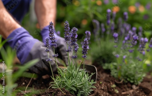  A close-up of hands planting a lavender plant in a garden bed dedicated to herbs.