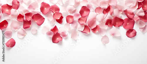 This image showcases delicate red and pink rose petals arranged beautifully on a clean white backdrop. The petals create a striking contrast against the pristine white surface.