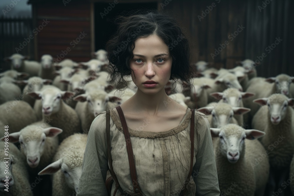 Female sheep farmer work. Animal farm care. Generate Ai Female sheep farmer work. Animal farm care. Generate Ai