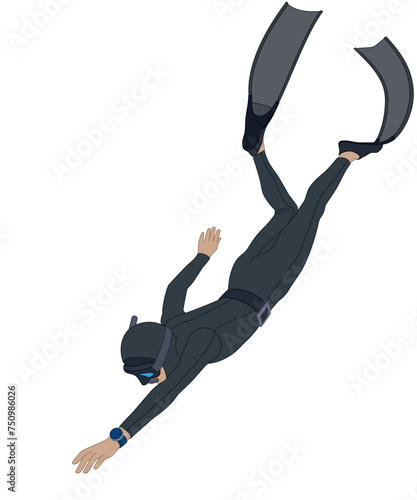 freediving, male free diver wearing fins and wetsuit isolated on a white background