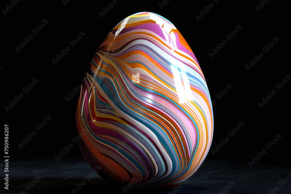 Fototapeta premium Easter egg design with retro wave elements on dark background Сlassic holiday symbolism and modern aesthetics 3D minimalist