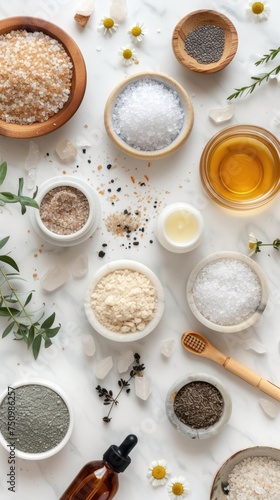 A flat lay showcasing an array of natural spa ingredients for a skincare routine