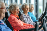 A group of elderly people participating in gym on various fitness equipment.