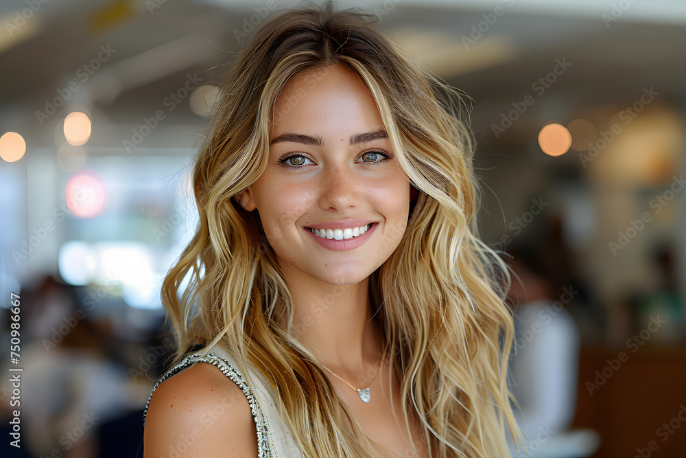 Close up portrait of a beautiful young woman with blond hair smiling