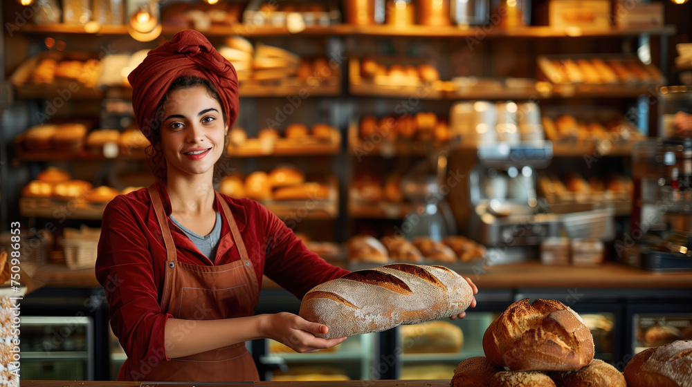 A cheerful baker presenting a fresh loaf of bread in a cozy bakery filled with an assortment of baked goods.