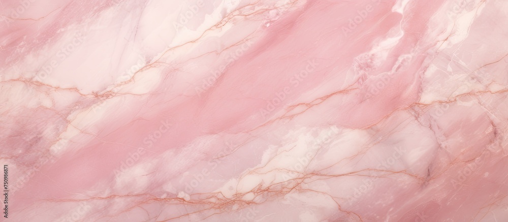 Detailed close up view of a seamless soft pink marble background, showcasing the intricate natural pattern and texture of the marble surface.