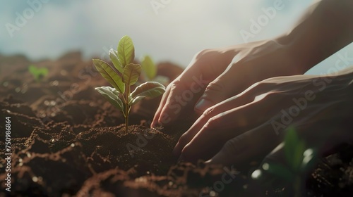 cultivating tomorrow: a child's hands actively loosen the soil to plant a young tree, symbolizing a commitment to nurturing and preserving the environment photo
