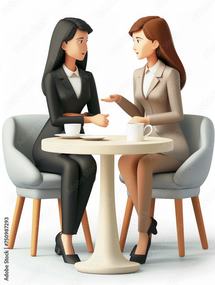 Fototapeta premium Illustration of 2 beautiful and successful black businesswomen talking to each other, AI-generated image