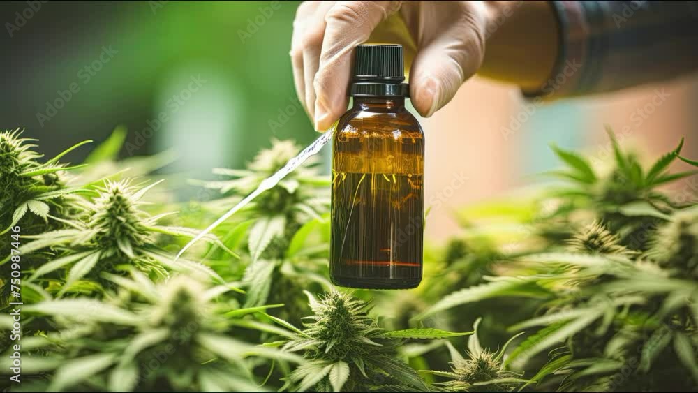 a hand holding a bottle of CBD oil, hemp plants as background a hand holding a bottle of CBD oil, hemp plants as background