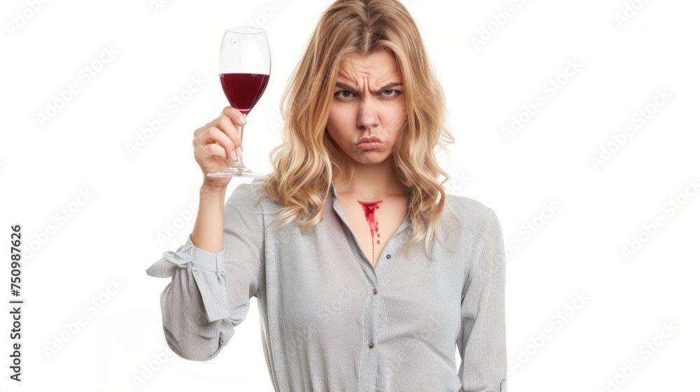 Woman with skeptical expression holding a glass of wine. Woman with skeptical expression holding a glass of wine.