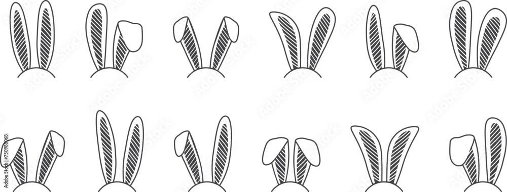Easter bunny headband, doodle rabbit mask line icon, funny animal character sketch set isolated on white background. Black minimal vector illustration - obrazy, fototapety, plakaty 