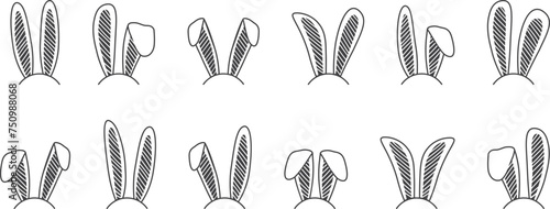 Easter bunny headband, doodle rabbit mask line icon, funny animal character sketch set isolated on white background. Black minimal vector illustration photo