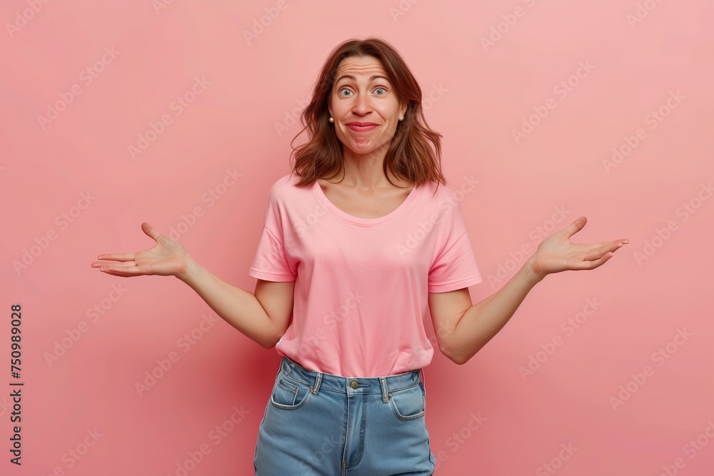 Woman wearing pink t-shirt with disbelief face Woman wearing pink t-shirt with disbelief face