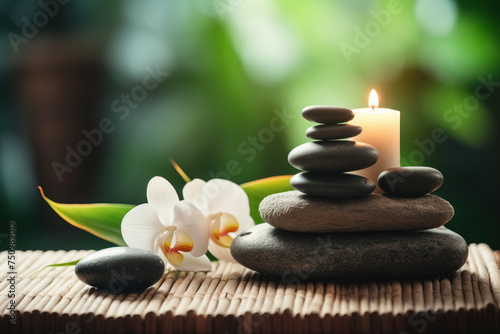 Black hot stone for massage, lit candle, flowers on green blurry natural background, accessories for spa therapy and treatment, relax and self care concept
