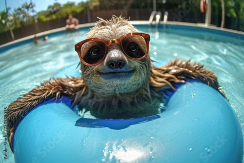 Cheerful happy sloth with sunglasses swimming in the pool on an inflatable blue circle. Concept of fun summer holidays in vacation