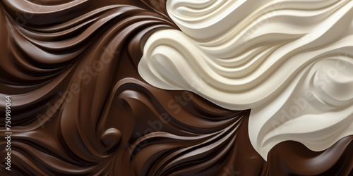 Sweet background with melted white and dark chocolate beautifully blends, intertwining to form delightful, tender, smooth waves and intricate swirls