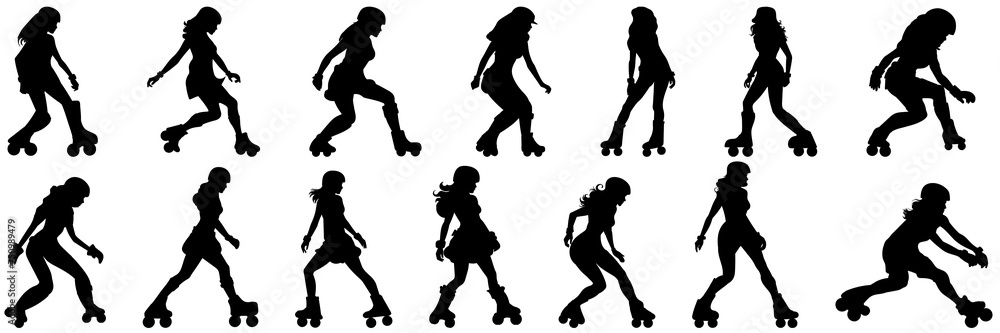 Retro skater girl silhouettes set, large pack of vector silhouette design, isolated white background