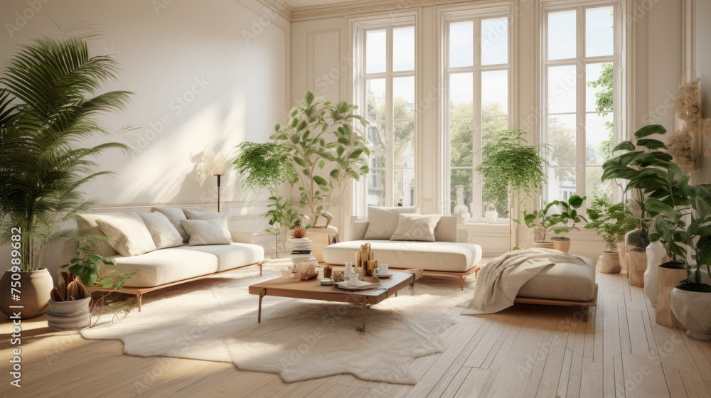 A spacious living room with a large open window, green plants, and light beige walls