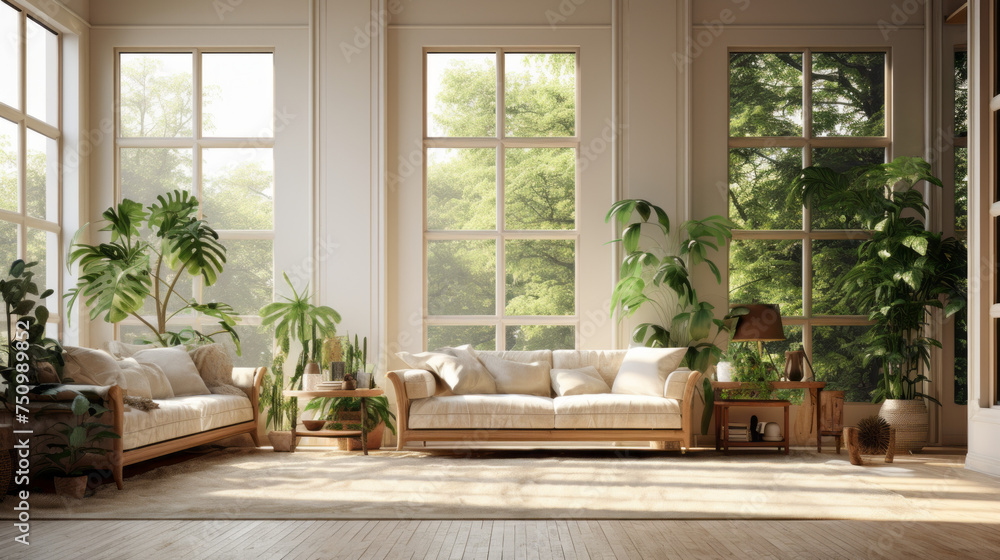A spacious living room with a large open window, green plants, and light beige walls A spacious living room with a large open window, green plants, and light beige walls