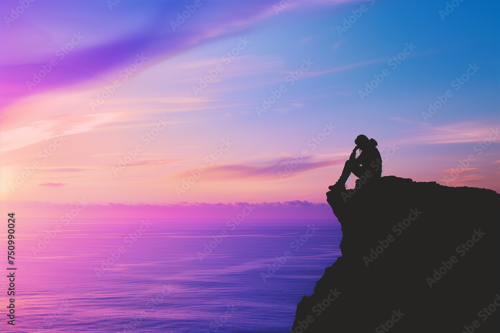 Silent Affection on the Horizon: Intimate Couple Embracing Solitude at Sunset on a Seaside Cliff