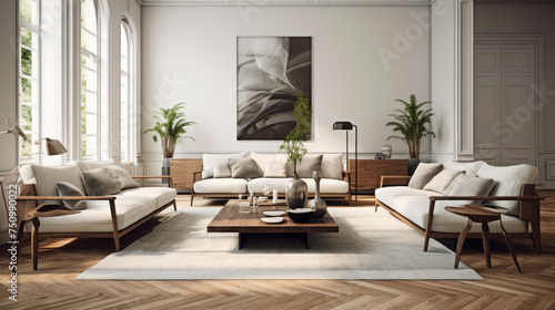 A spacious living room with customizable furniture pieces that can be moved to fit any need