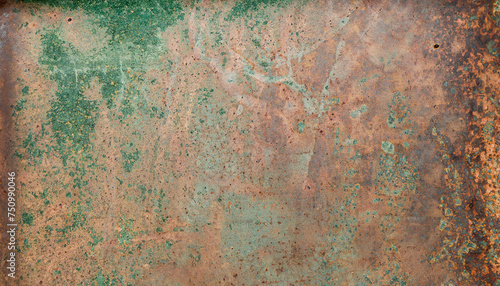 Aged copper plate texture with green patina stains. Old worn metal background. © Uuganbayar