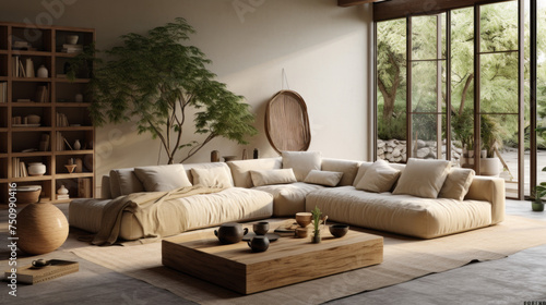 A spacious living room with a bamboo sofa, a leather beanbag, and a sisal area rug