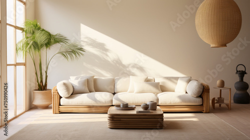 A spacious living room with a bamboo sofa, a leather beanbag, and a sisal area rug
