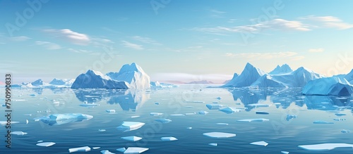 Multiple icebergs are seen floating on the Arctic sea. The icebergs appear to be slowly melting due to the effects of climate change. The scene illustrates the impact of global warming on the polar