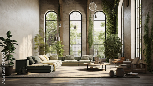 A spacious living room with comfortable seating  a lush green wall  and large windows