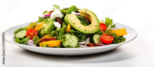 A white plate is filled with a refreshing salad featuring avocado slices on a crisp white background. The vibrant green avocado contrasts beautifully with the colorful vegetables in the salad.