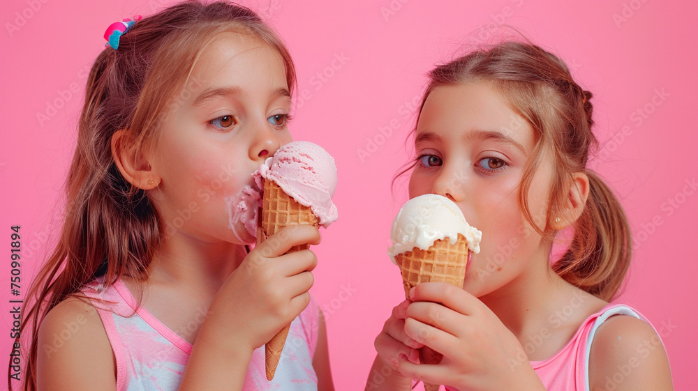 two little sisters eating ice cream