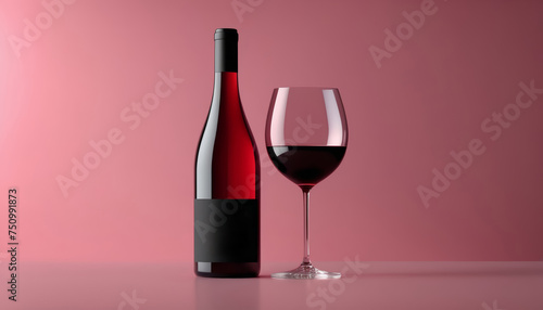 Close up of bottle and glass of red wine on an aesthetic minimal composition pastel background 