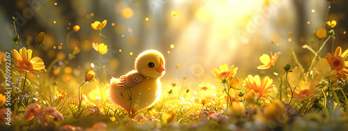 Yellow newborn chick on spring field or garden. Cute chicken on summer meadow with green grass and flowers. Easter concept. Funny bird character for banner, card, flyer or poster photo