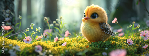 Yellow newborn chick on spring field or garden. Cute chicken on summer meadow with green grass and flowers. Easter concept. Funny bird character for banner, card, flyer or poster