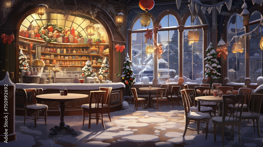 Obraz premium Cozy winter café where whimsical creatures