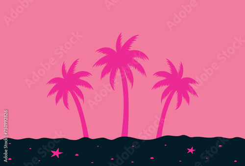 Night summer beach. Bright silhouette of palm trees. Five pink palm trees on a pink background. Design of advertising brochures, travel agency banners. 