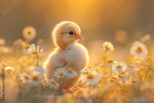 Yellow newborn chick on spring field or garden. Cute chicken on summer meadow with green grass and flowers. Easter concept. Funny bird character for banner, card, flyer or poster