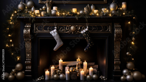 Handsomely decorated holiday mantelpiece