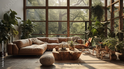 A stunning living room with a Biophilic design featuring wood elements  earthy colors  and lush plants