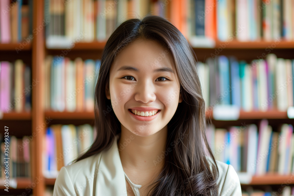 Smiling student with dark hair in front of a colorful bookshelf in a library setting. Smiling student with dark hair in front of a colorful bookshelf in a library setting.