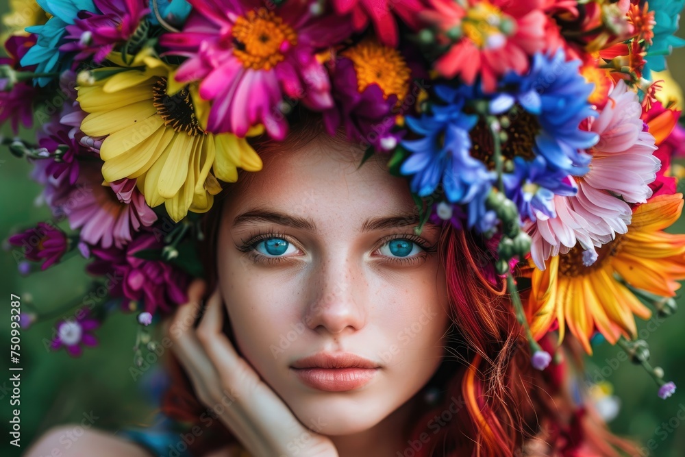 Portrait of a beautiful young girl with hair made of flowers. Spring and summer inspiration. Concept of perfumery, cosmetics. Perfect creative makeup and hairstyle. Portrait of a beautiful young girl with hair made of flowers. Spring and summer inspiration. Concept of perfumery, cosmetics. Perfect creative makeup and hairstyle.