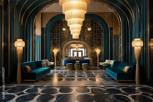 Art Deco Foyer: Wave-Patterned Tiles, Gold & Crystal Chandeliers, Velvet Seating