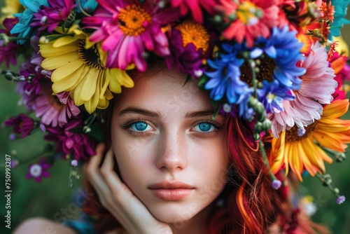 Portrait of a beautiful young girl with hair made of flowers. Spring and summer inspiration. Concept of perfumery, cosmetics. Perfect creative makeup and hairstyle. © Tatiana Munko