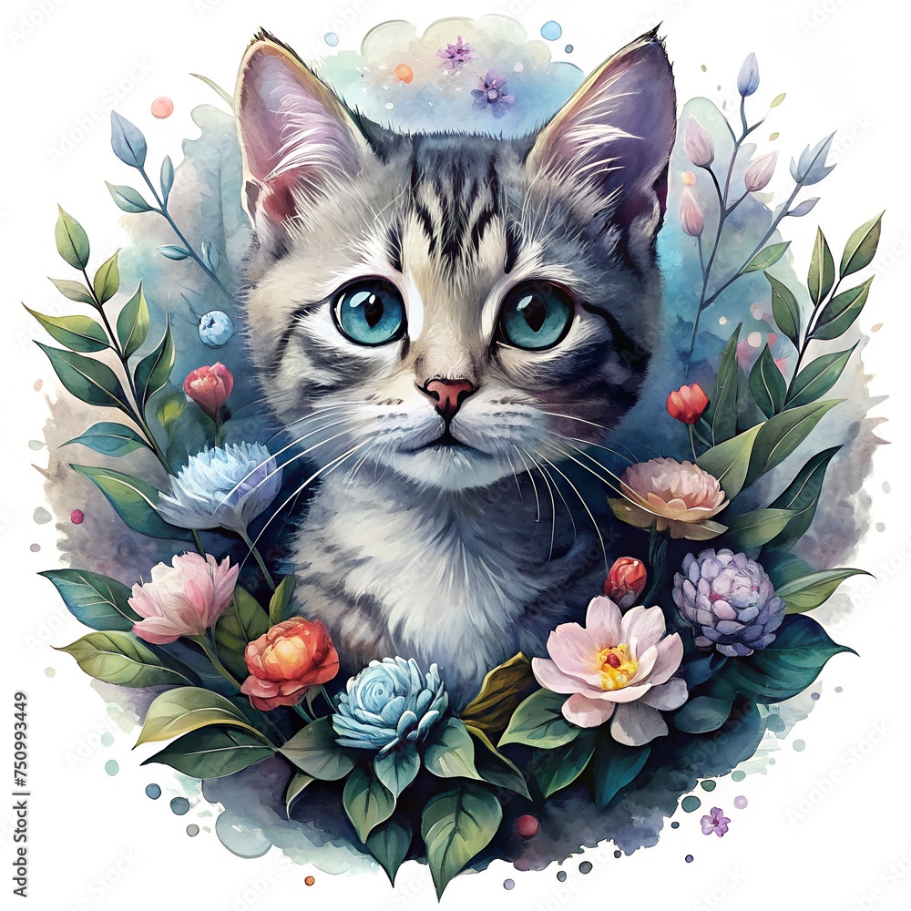 cat with flowers. Drawing of a kitten on a floral background. Illustration for printing on fabric, book cover, wallpaper, tiles cat with flowers. Drawing of a kitten on a floral background. Illustration for printing on fabric, book cover, wallpaper, tiles