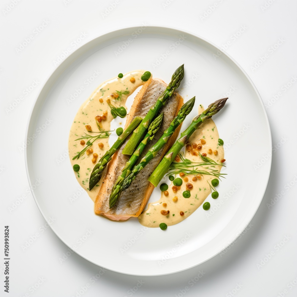 Plate of entrée highlighting Hudson Valley trout paired with sorrel sauce, trout roe, and asparagus, arranged on a white round plate, displayed against a white background in an aerial view Plate of entrée highlighting Hudson Valley trout paired with sorrel sauce, trout roe, and asparagus, arranged on a white round plate, displayed against a white background in an aerial view