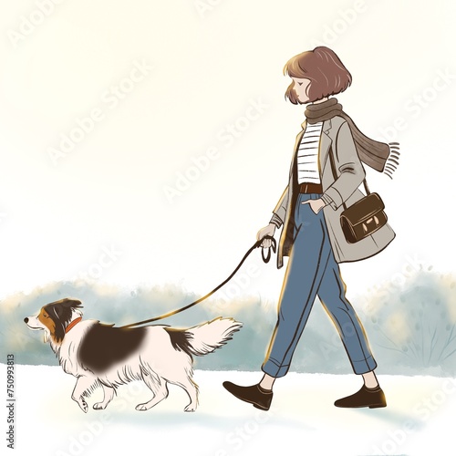 Young woman walking dog in city park sketch style illustration for book cover or cozy lifestyle blog background