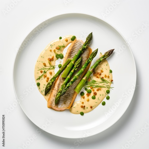 Plate of entrée highlighting Hudson Valley trout paired with sorrel sauce, trout roe, and asparagus, arranged on a white round plate, displayed against a white background in an aerial view