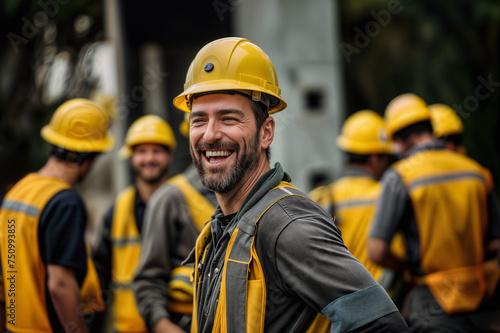A group of smiling construction workers wearing uniforms, in the city 